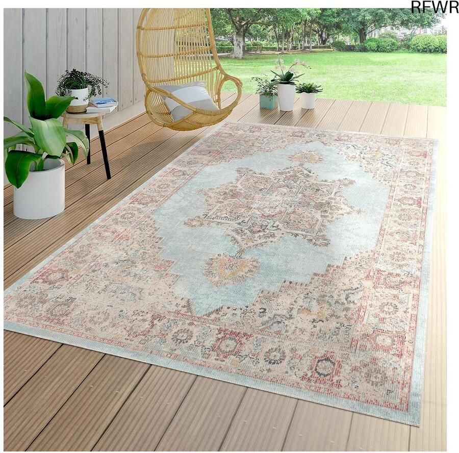 RFWR Vloerkleed voor Binnen en Buiten Tapijt voor Balkon Terras en Keuken Mandala Patroon in Turquoise en Bruin 140x200 cm