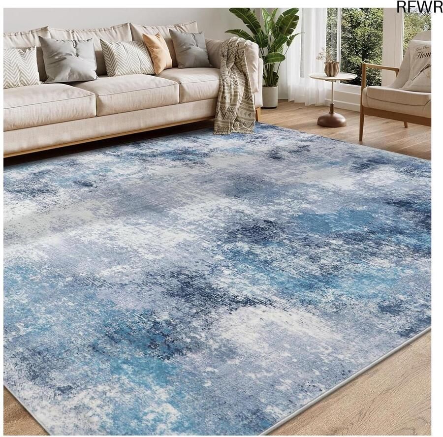 RFWR Vloerkleed voor woonkamer en slaapkamer wasbaar laagpolig modern en abstract 160 x 230 cm blauw