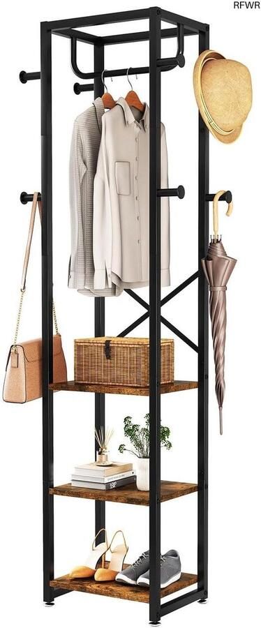 RFWR Vrijstaande Kapstok met 3 Planken en 8 Haken Industriële Kledingstandaard voor Entree Hal of Slaapkamer