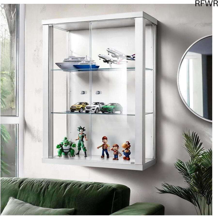 RFWR Wand Vitrinekast met Verstelbare Glasschappen (80x60x25cm) Ideale Glazen Kast voor Meerdere Doeleinden