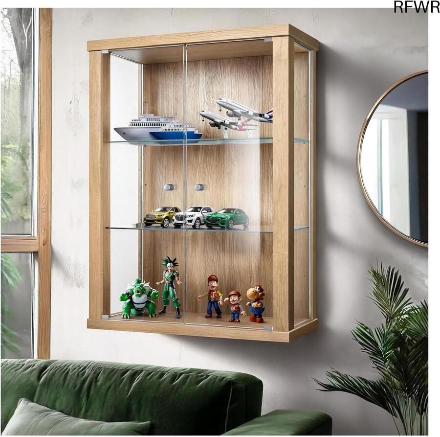RFWR Wandvitrinekast met Glazen Deuren en Verstelbare Planken 80x60x25cm Perfect voor Collecties en Decoratie