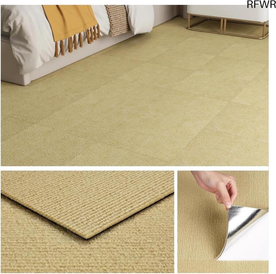 RFWR Zelfklevende Tapijttegels 30x30CM Beige Wasbare Tapijtvloertegels voor Woonkamer Slaapkamer en Kantoor
