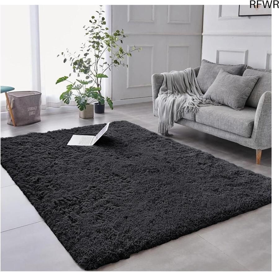 RFWR Zwart hoogpolig vloerkleed 160 x 230 cm Superzacht en antislip tapijt voor woonkamer en slaapkamerruimte