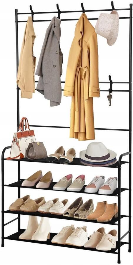 Rheme Kapstok Schoenenrek Garderobe Rek Kledingrek Metaal 4 Lagen 8 Hangers 150 CM Zwart