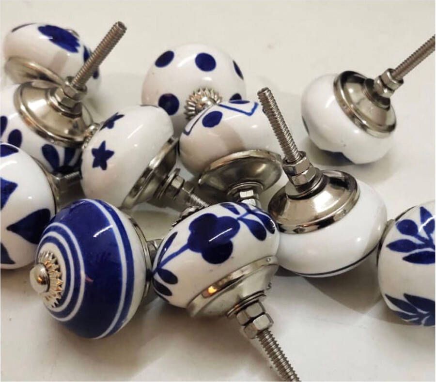 RiaD 10 x Prachtige deurknop keramiek wit met blauw met schroef voor kast DIY kastknop- Meubelknop Deurknoppen voor kasten Meubelbeslag Deurknopjes Meubelknoppen