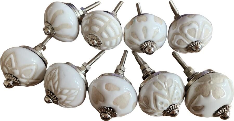 RiaD 9 x Prachtige deurknop keramiek wit beige met schroef voor kast DIY kastknop- Meubelknop Deurknoppen voor kasten Meubelbeslag Deurknopjes Meubelknoppen