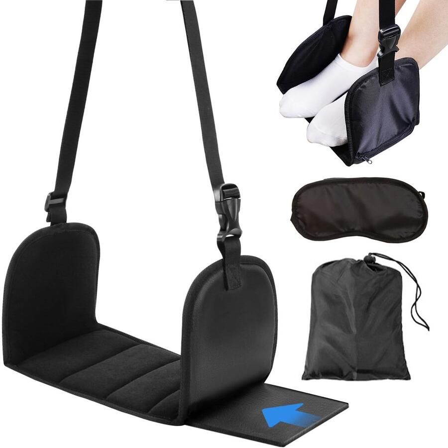 Rienan Voetensteun voor in het vliegtuig voetensteun voor in het vliegtuig voetenhangmat hangmat in hoogte verstelbare voetensteun voor op reis trein kantoor lange vluchten zorgt voor ontspanning en comfort (inclusief slaapmasker)