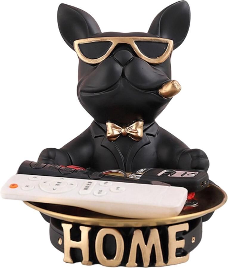 Rimmo Bulldog Beeld met Dienblad Grappige en Unieke Huisdecoratie Binnen Sleutelbakje Bulldog accessoire Dieren Woondecoratie met Serveerschaal Zwart- Sierbeeld Thuis Kamer Tafel Decoratie