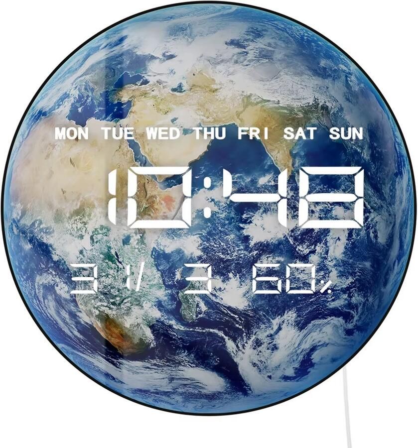 Rimmo Digitale LED Wandklok Wereldbol Aarde – Blauw Marmer Design vanuit de Ruimte – Elektrische Klok met Display – Woondecoratie voor Slaapkamer Bureau of Tafel