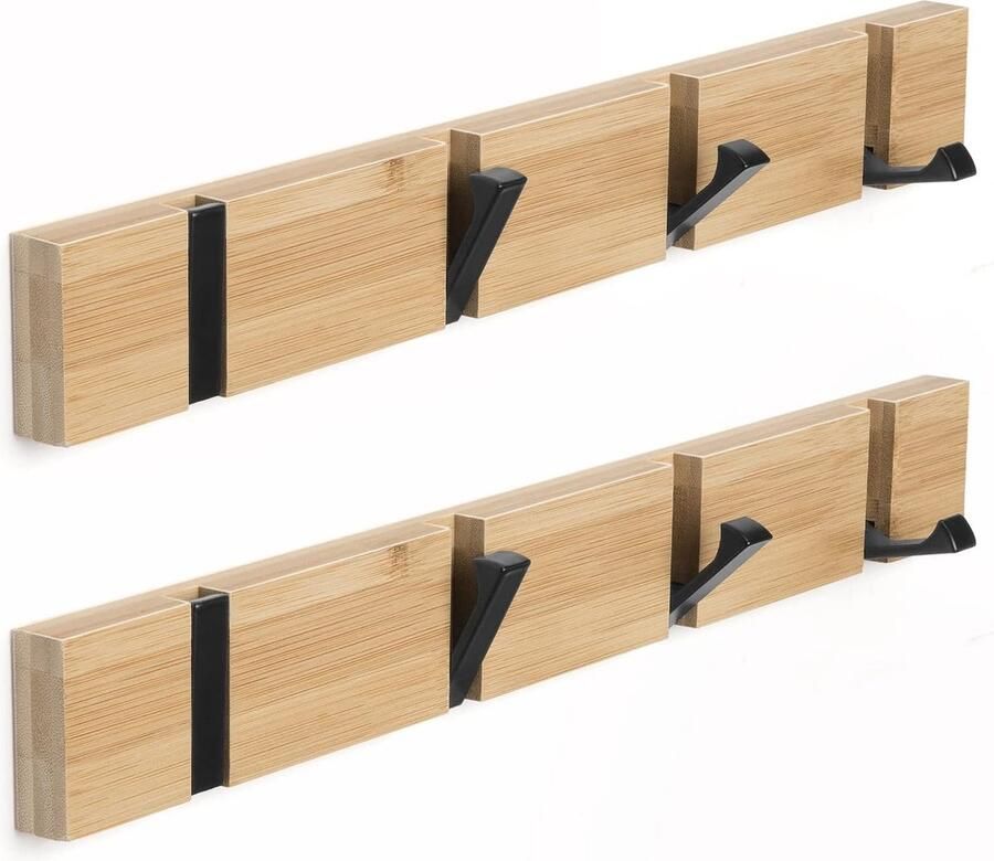 Candala 2 stuks houten jashaken kapstok jashaken Opvouwbare kapstok met 4 haken voor jassen mantels hoeden sjaals handtassen (40cm)