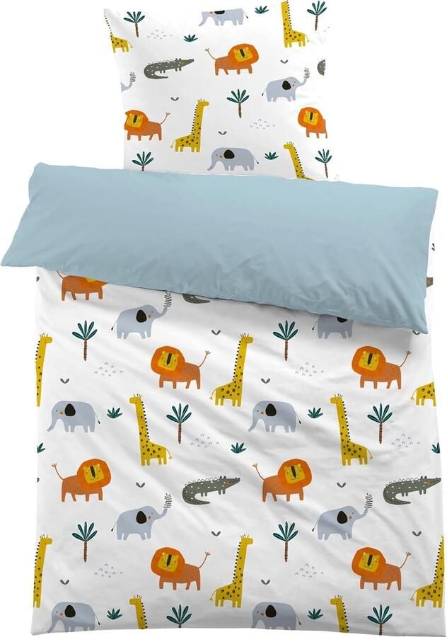Riokem Kinderbeddengoed 135 x 200 cm Dierenbeddengoed Kinderen Meisjes Leeuw Olifant Krokodil Jongens Blauw 3D Print Microvezel Dekbedovertrek en 1 Kussensloop 80 x 80 cm Beddengoedset voor Eenpersoonsbed