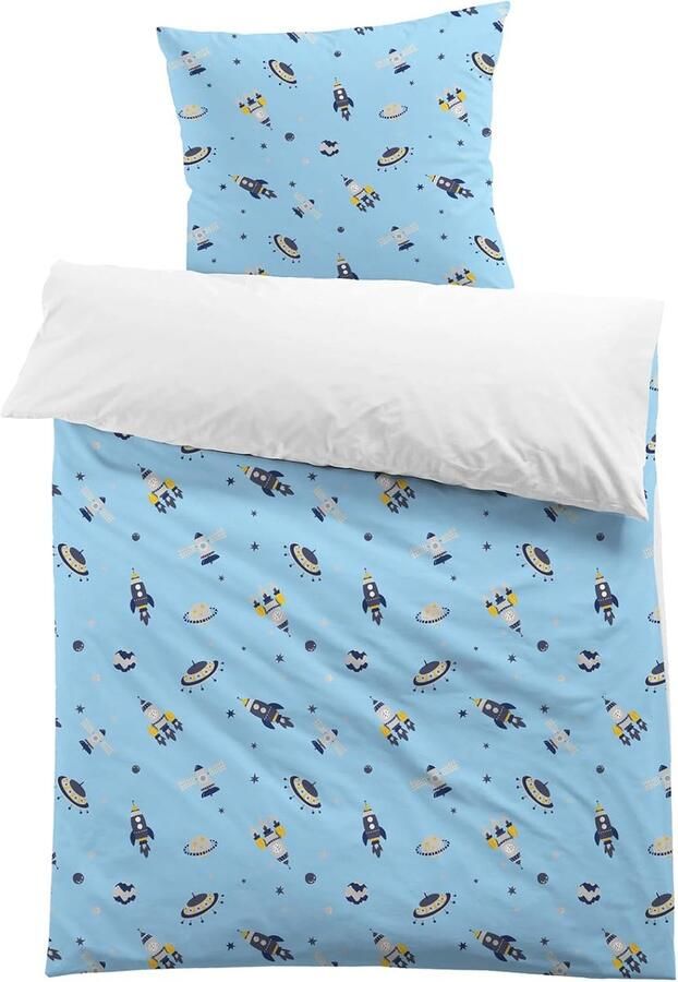 Riokem Kinderbeddengoed 135 x 200 cm Jongens Astronaut Ruimte Bedlinnen Kinderen Blauwe Raket 3D Print Microvezel Dekbedovertrek en 1 Kussensloop 80 x 80 cm Beddengoedset voor Eenpersoonsbed