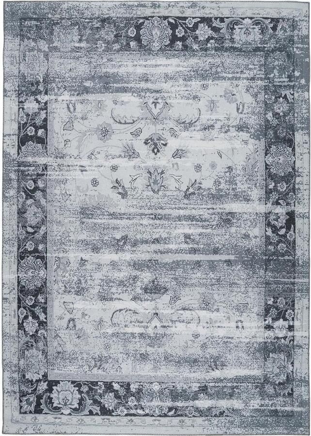 Riokem Kortpolig tapijt Oosters patroon Vintage Gebruikte look Bloemen Subtiel Bloemenpatroon Woonkamer Slaapkamer Eetkamer Blauw Grijs Maat: 80 x 150 cm