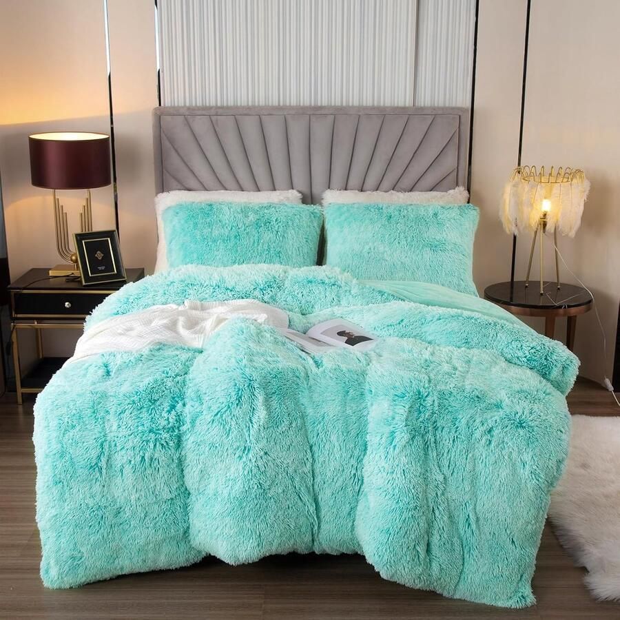 Riokem Pluche beddengoedset 200 x 200 cm Flanellen donzige dekbedset voor bed Shaggy en pluche zacht beddengoed Dekbedovertrekken en 1 kussensloop 2 x (80 x 80 cm) Aqua Ombre