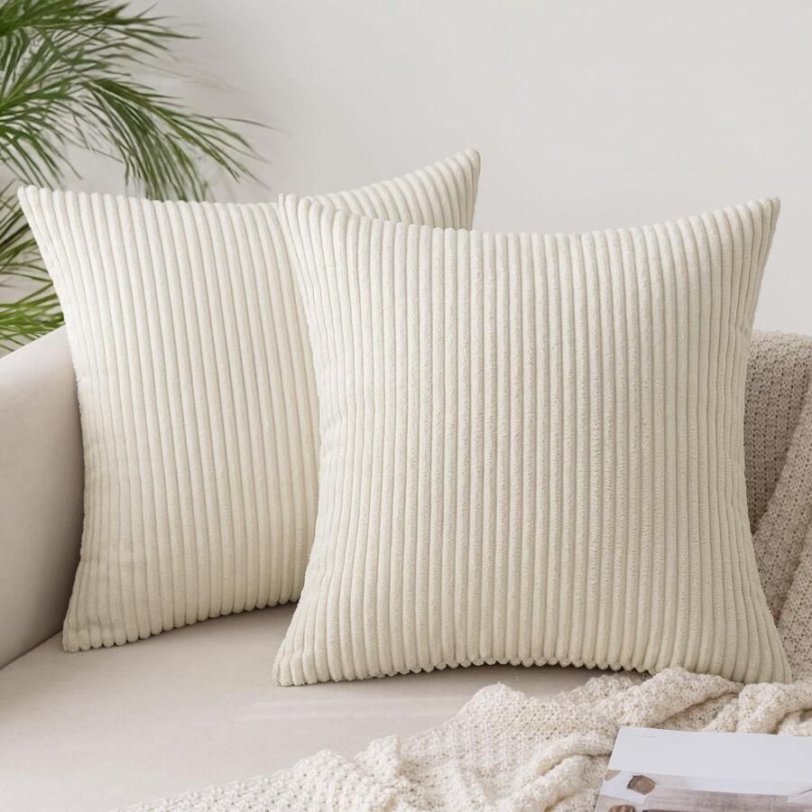 Riokem Set van 2 Corduroy Kussenhoezen Beige 40 x 40 cm Kussenhoezen Bankkussen Decoratieve Kussenhoes Bankkussen Zacht voor Bank Slaapkamer Woonkamer Balkon