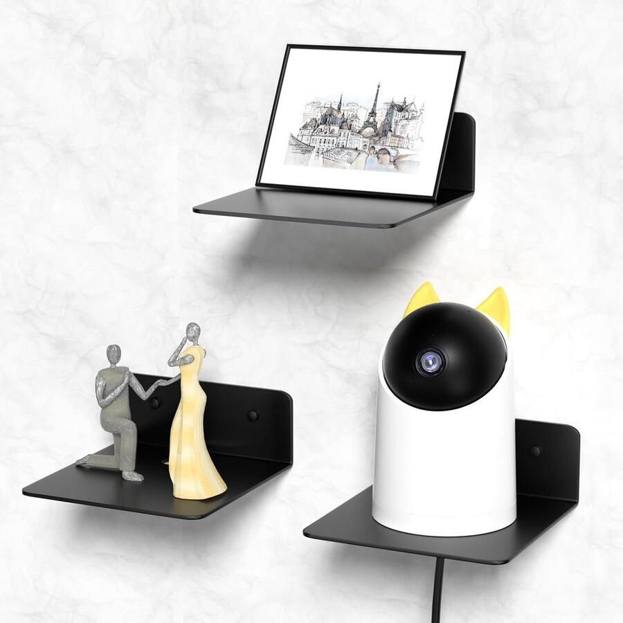 Wandplanken zonder boren multifunctioneel set van 3 zwart metaal 12 5 cm