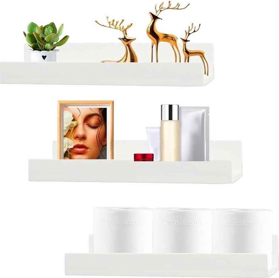 Riokem Set van 3 zwevende wandplanken geschikt voor badkamer en woonkamer wit 27 x 8 x 5 cm