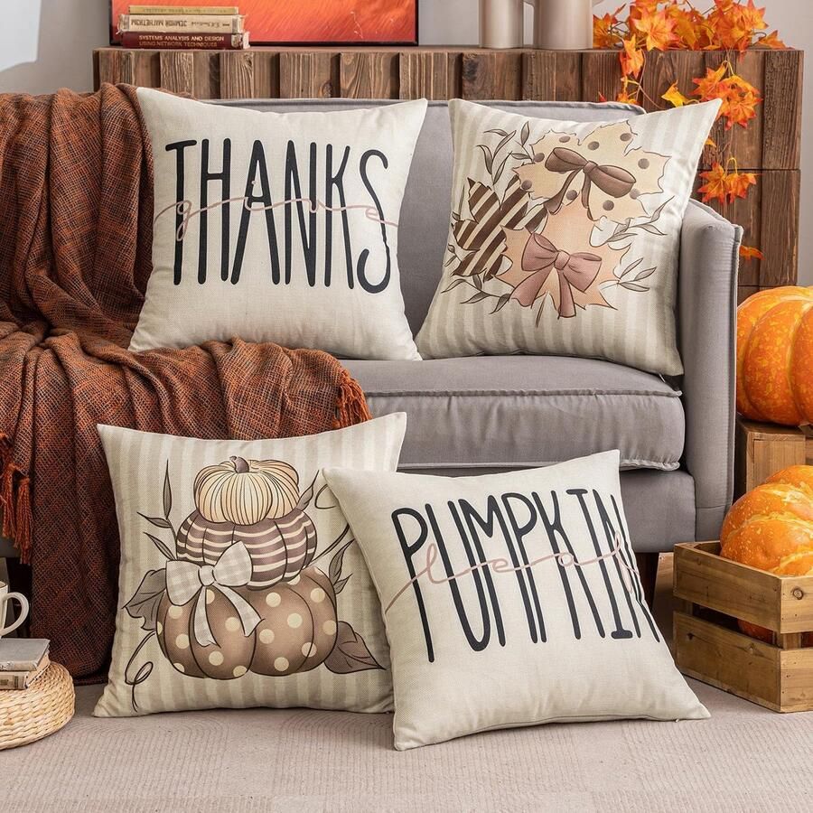Riokem Set van 4 Herfstprints Kussenhoes Decoratief Kussen Geometrische Kussenhoes Bankkussen Decoratief Kussen Pompoen Auto Decoratief Kussen Zacht voor Bank Slaapkamer Woonkamer 45 x 45 cm