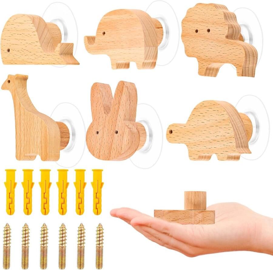 Riokem Set van 6 Houten Knoppen voor Kinderkamer met Dierenmotieven