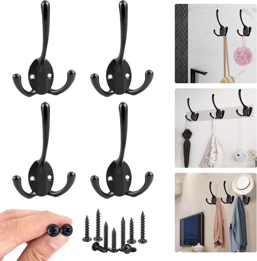 Riokem Stevige Zelfklevende Muurhaken met Drie Haken voor Deur en Keuken Zwart 4 Stuks