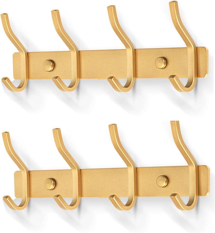 Riokem Stijlvolle Roestvrijstalen Wandkapstok met 4 Haken voor Slaapkamer Badkamer en Keuken Gouden Set van 2