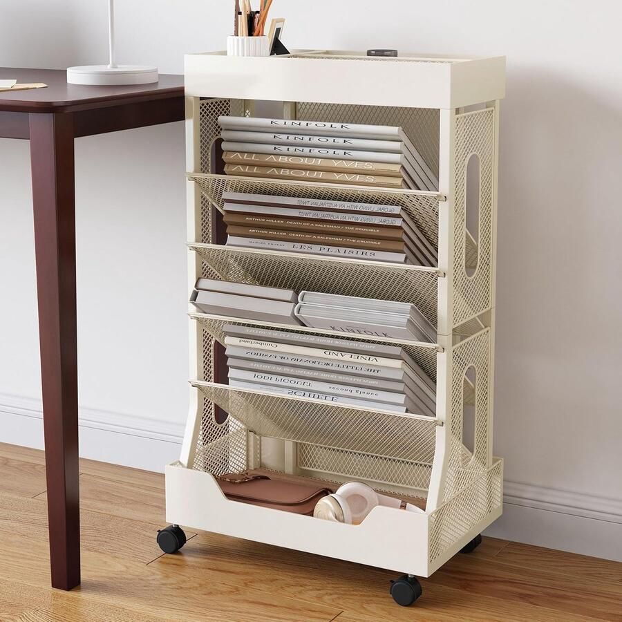 Riokem Verplaatsbare Boekenkast Trolley met Verwijderbare Wielen voor School Studie Woonkamer en Slaapkamer (Beige)
