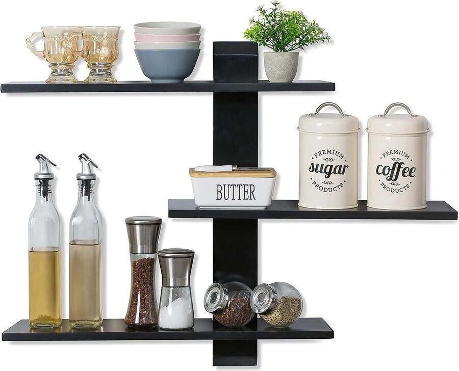 Riokem Wandplank Massief hout Zwart Hangplank Maat: 3-laags 50 cm Zwevende plank Rustieke houten moderne wandplank voor woonkamer Slaapkamer Keuken Badkamer