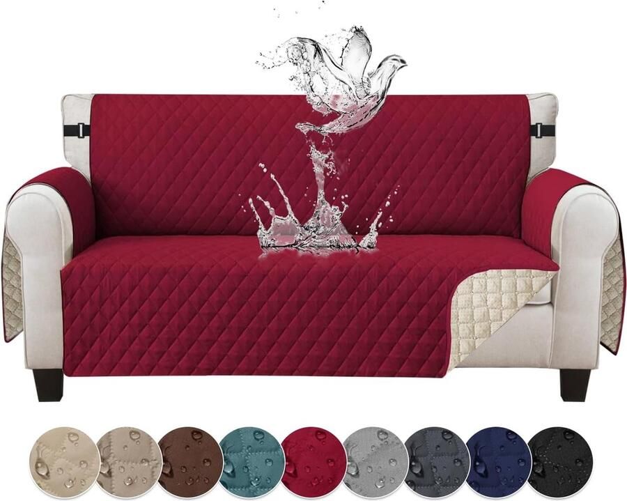 Bankhoes 2-zits waterdichte bankovertrek met armleuningen antislip omkeerbaar doorgestikt voor huisdieren katten honden wijnrood