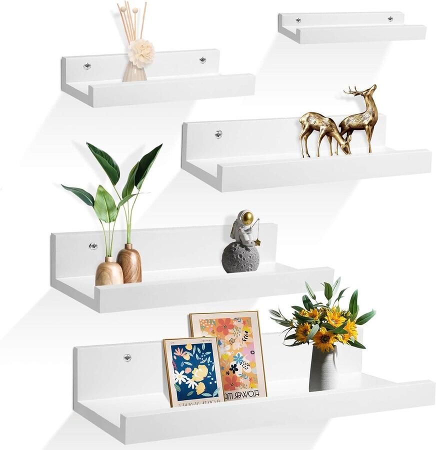 Riokem Wit Zwevend Wandrek Set van 5 Houten Wandplanken Ideaal voor Divers Gebruik