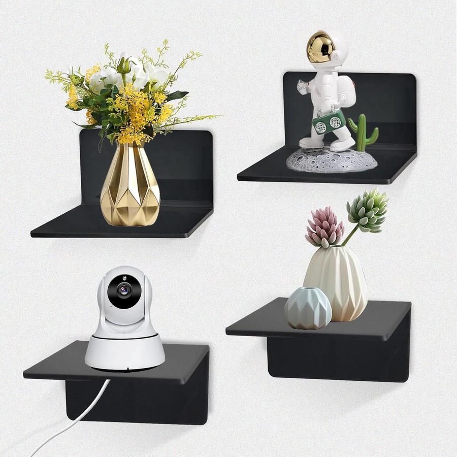 Riokem Zelfklevende Wandplanken Modern design 4 stuks Zwart Acryl 10 x 9 x 5 cm