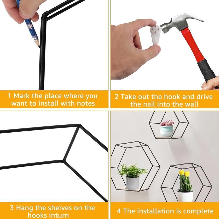 Riokem Zeshoekige wandplanken zwarte wanddecoratie 3 maten metaal en hout