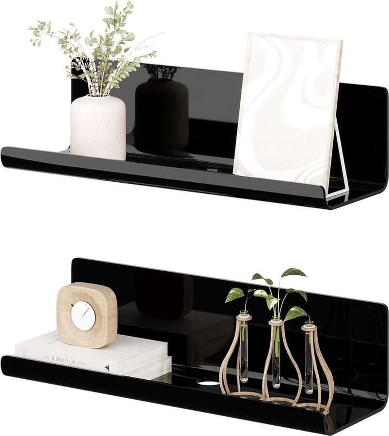 Riokem Zwarte wandplank set zwevend rek 2 stuks acryl 30 x 10 x 8 cm