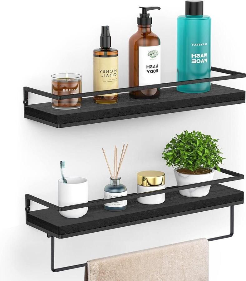 Riokem Zwevende planken wandplanken set van 2 zwart massief hout