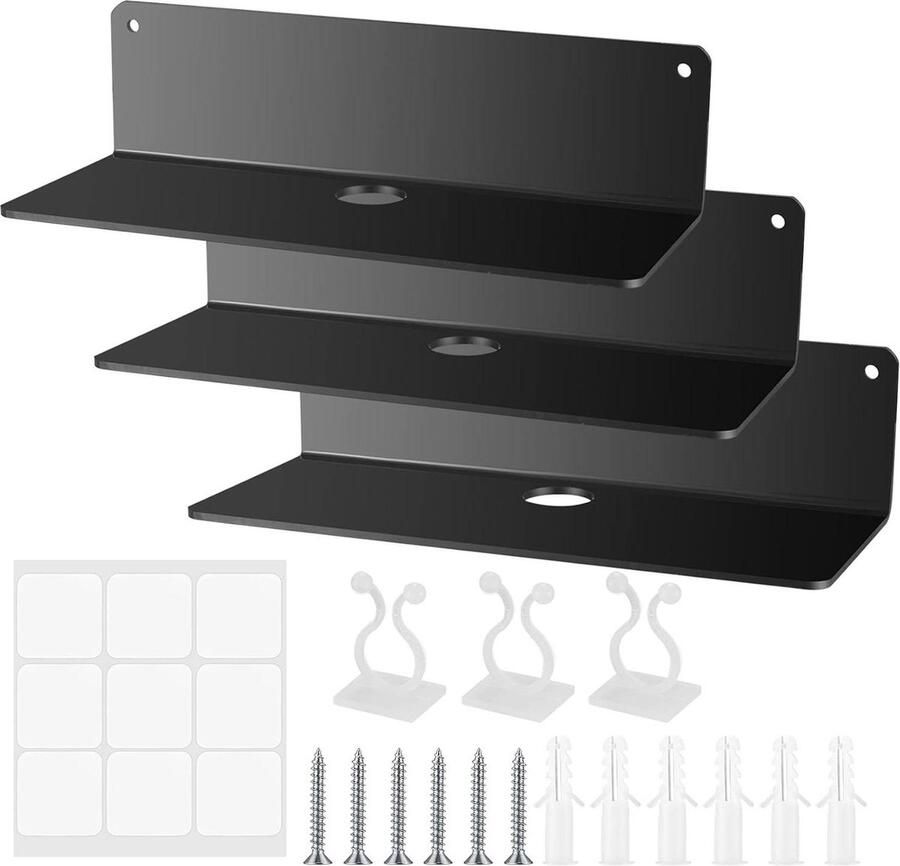 Riokem Zwevende Wandplank Acryl Plank voor Woonkamer en Badkamer 3-delige Set Zwart