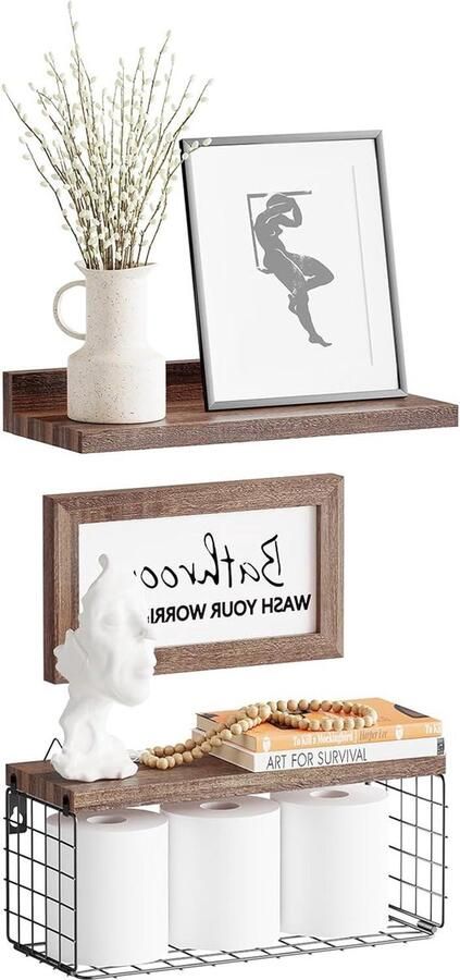 Riokem Zwevende wandplank Houten wandplanken voor elke ruimte 2+1 stuks Donker houtskool 40 cm