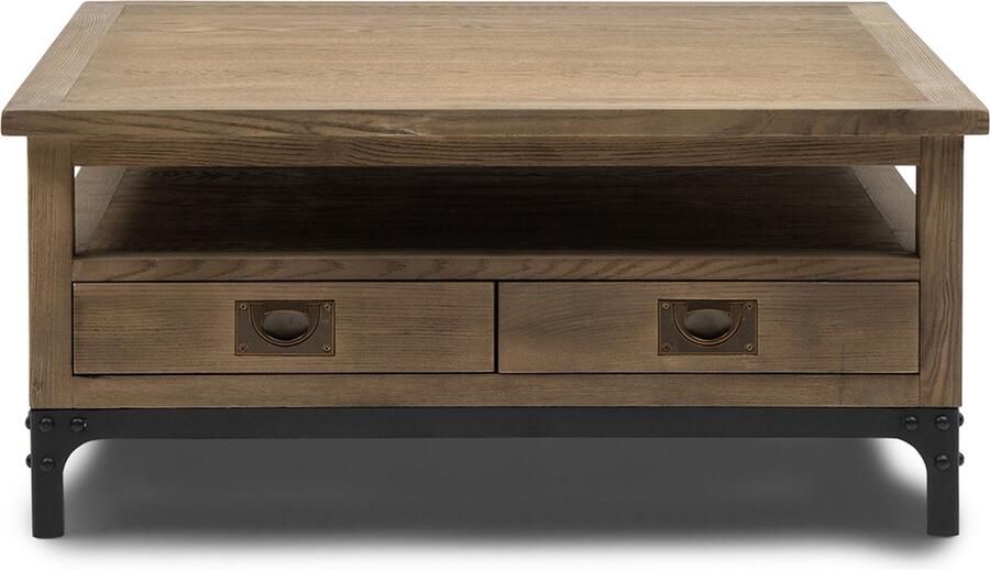 Riviera Maison Bijzettafel Bruin Salontafel Vierkant Met lades The Hoxton Coffee Table Hout ijzer (LxBxH) 90x90x40 - Foto 2
