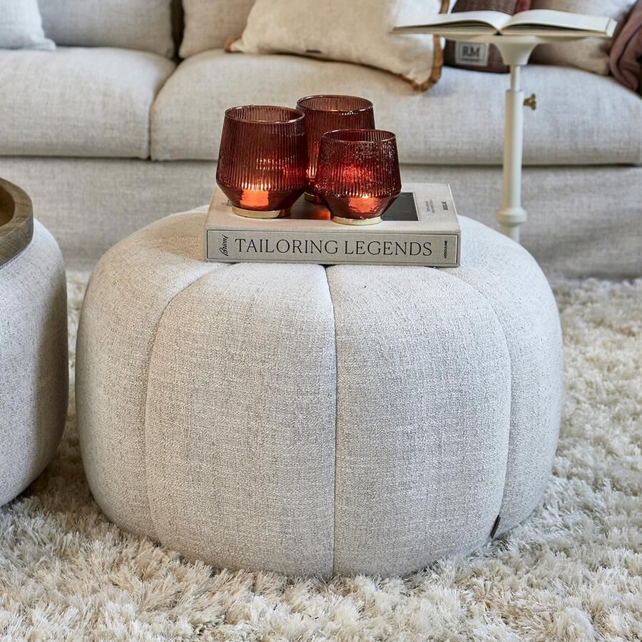 Riviera Maison Falcone Hocker Rond – Antiek Wit – Luxe Voetenbank van Polyester & Hout – 74x74x44 cm – Elegante Poef voor Woonkamer of Slaapkamer - Foto 2