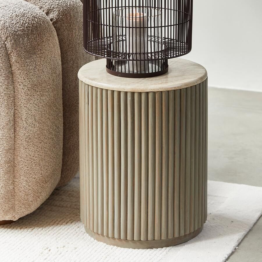 Rivièra Maison Bijzettafel Villanova natuurlijke tint T28 Travertine en Mangohout hoogte 53 cm - Foto 2