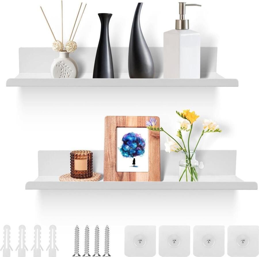 Rixora Metalen Wandplank zwevende planken met hoogglans afwerking wandplank voor fotolijstjes en boeken woonkamer slaapkamer badkamer keuken 60cm x 12cm x 5cm wit