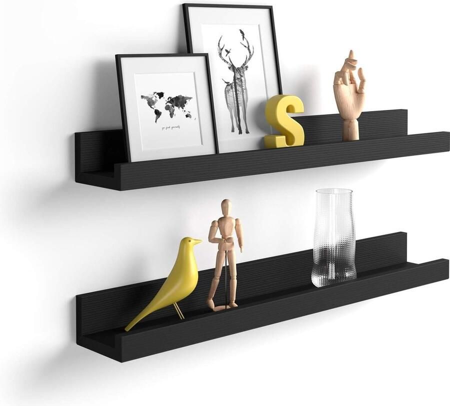 Rixora Wandplank set van 2 zwevende planken met hoogglans afwerking wandplank voor fotolijstjes en boeken woonkamer slaapkamer badkamer keuken 55cm x 10cm x 4cm zwart