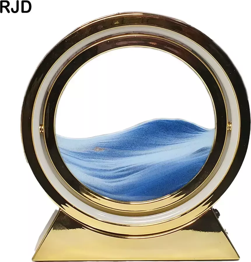 RJD Bewegende Zandkunst In Glas lamp 25 x 22 cm (Goud-Blauw) -Zandlandschap Ontspanning kunst Zandloper Bureau Thuis of Kantoor Inclusief Syringe