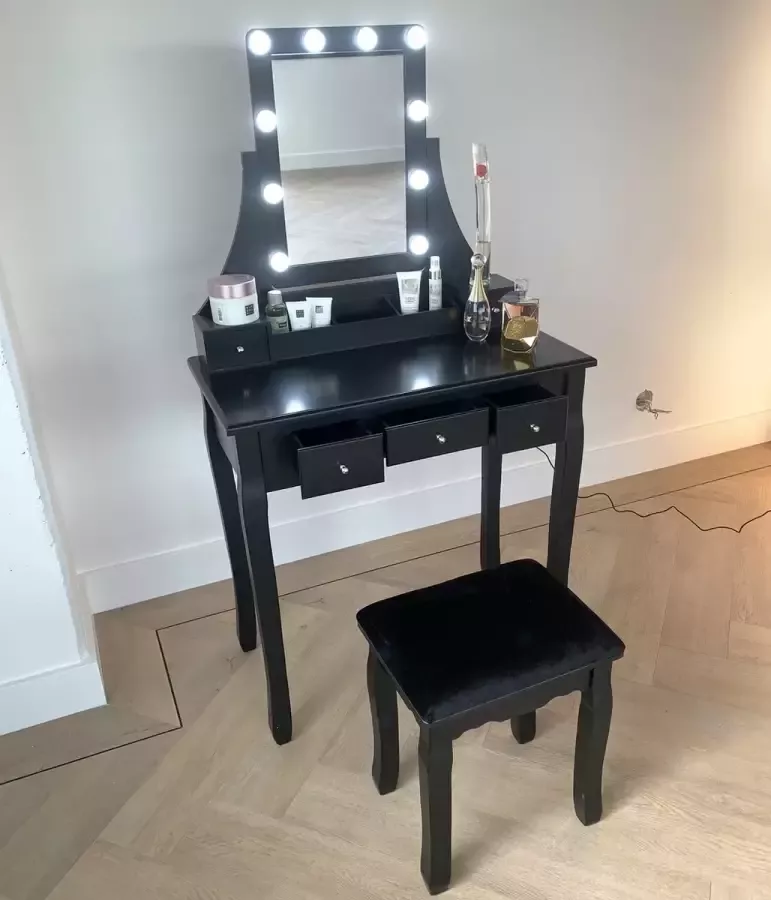 RJRoyal Living kaptafel Bella zwart met rechthoekige spiegel en verlichting en krukje ideale make up tafel toilettafel met lampen