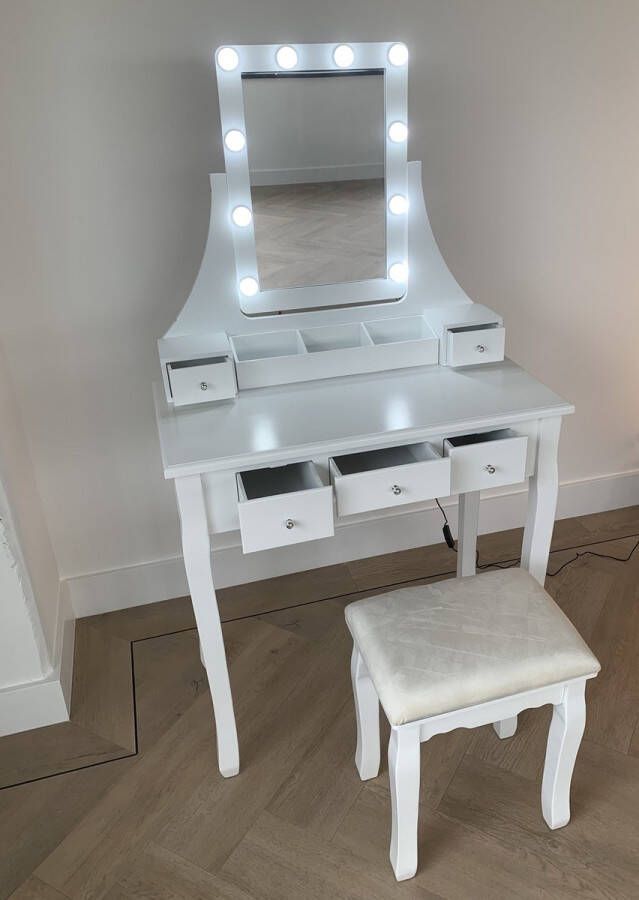 RJRoyal Living kaptafel Bella wit met rechthoekige spiegel en verlichting en krukje ideale make up tafel toilettafel met lampen