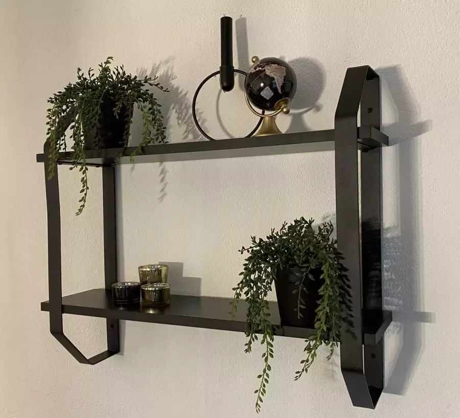 RJRoyal Living Zwarte Wandrek Industrieel Metaal & Hout 60cm Wandplank Boekenplank Boekenrek Wandkast