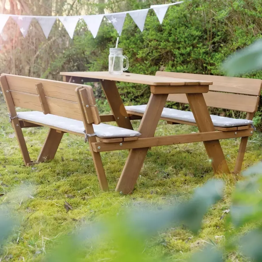 Roba Houten Buitentafel Voor Kinderen 'Picknick voor 4' Picknicktafel met 2 banken en 1 tafel Binnen en Buiten Weerbestendig (Teak)