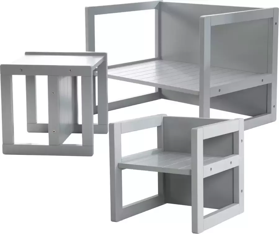 Roba Houten Kinderspeelmeubilair Zitgroep in landelijke stijl Tafel draaibaar tot bankje + 2 stoelen (Grijs)