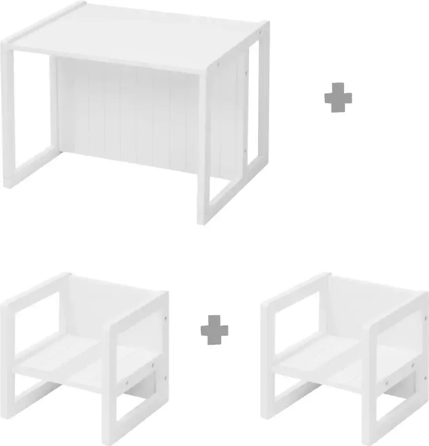 Roba Houten Kinderspeelmeubilair Zitgroep in landelijke stijl Tafel draaibaar tot Bankje + 2 Stoelen (Wit)