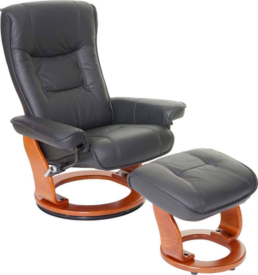 Robas Lund MCA relaxfauteuil Hamilton TV fauteuil kruk echt leer 130kg draagvermogen ~ zwart honingkleurig