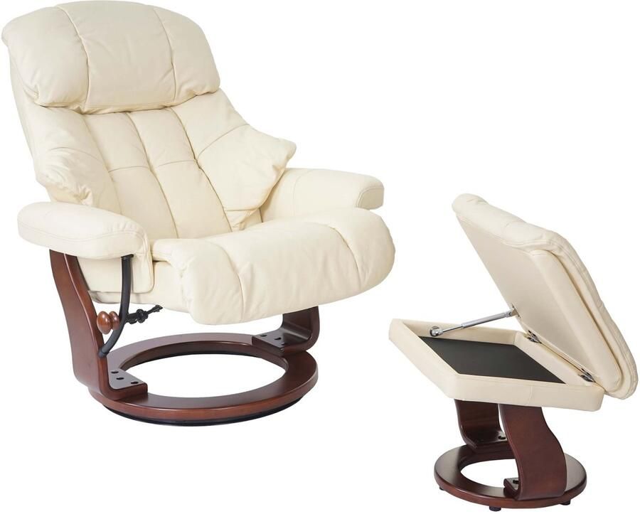 Robas Lund MCA Relax fauteuil Calgary XXL TV fauteuil kruk echt leer 180kg belastbaar ~ crème walnoot look