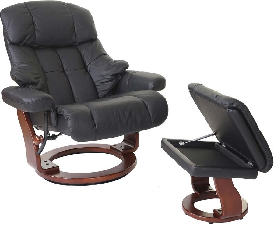 Robas Lund MCA Relax fauteuil Calgary XXL TV fauteuil kruk echt leer 180kg belastbaar ~ zwart walnoot look